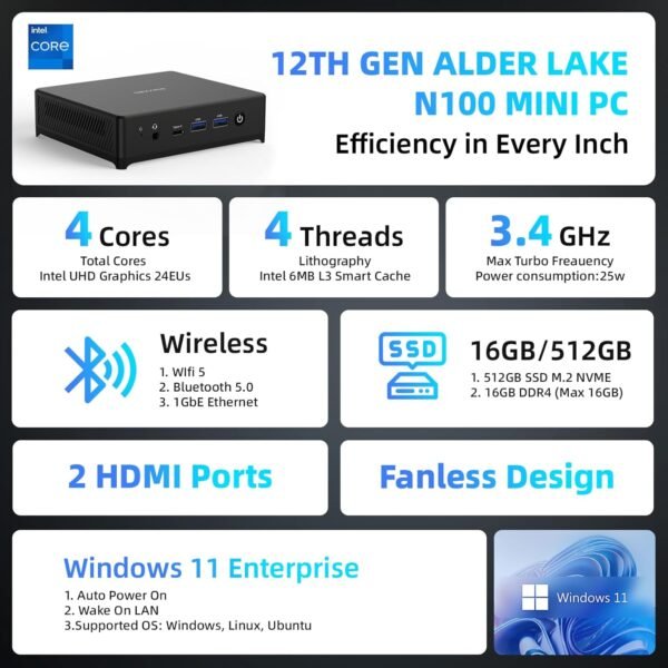 N100 Mini PC. 16GB RAM 512GB M.2 SSD Mini Computers. Intel 12th Gen Alder Lake N100 (3.4GHz) Micro PC. Gigabit Ethernet. 4K Dual Display. WiFi. BT. VESA/Home/Business Small pc：圖片 2